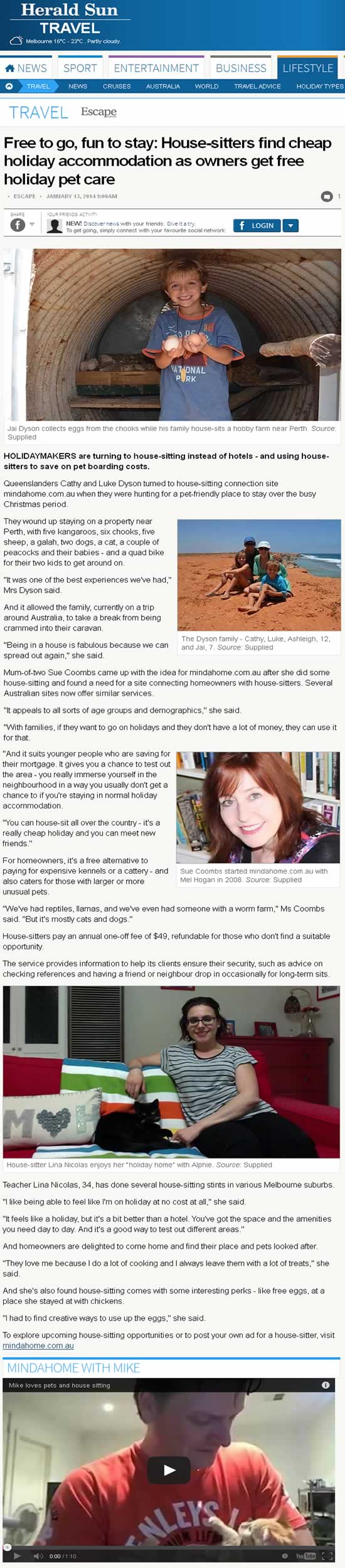 Mindahome is mentioned in a house sitting article in the Sydney Morning Herald