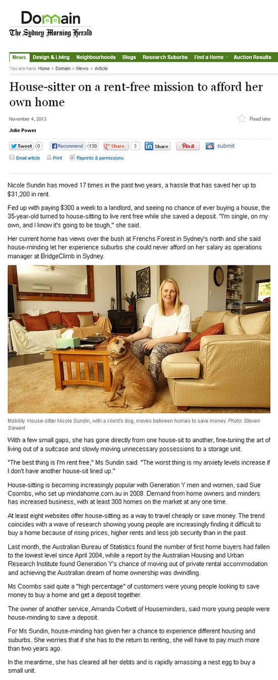 Mindahome is mentioned in a house sitting article in the Sydney Morning Herald